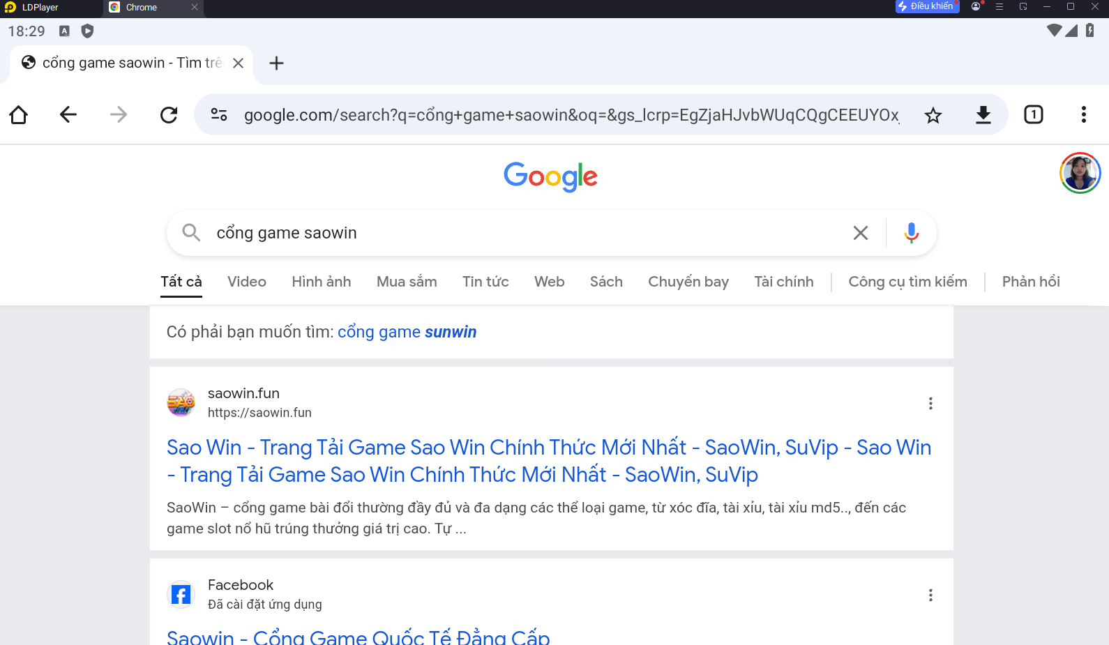 Tìm kiếm cổng game Saowin trên Google